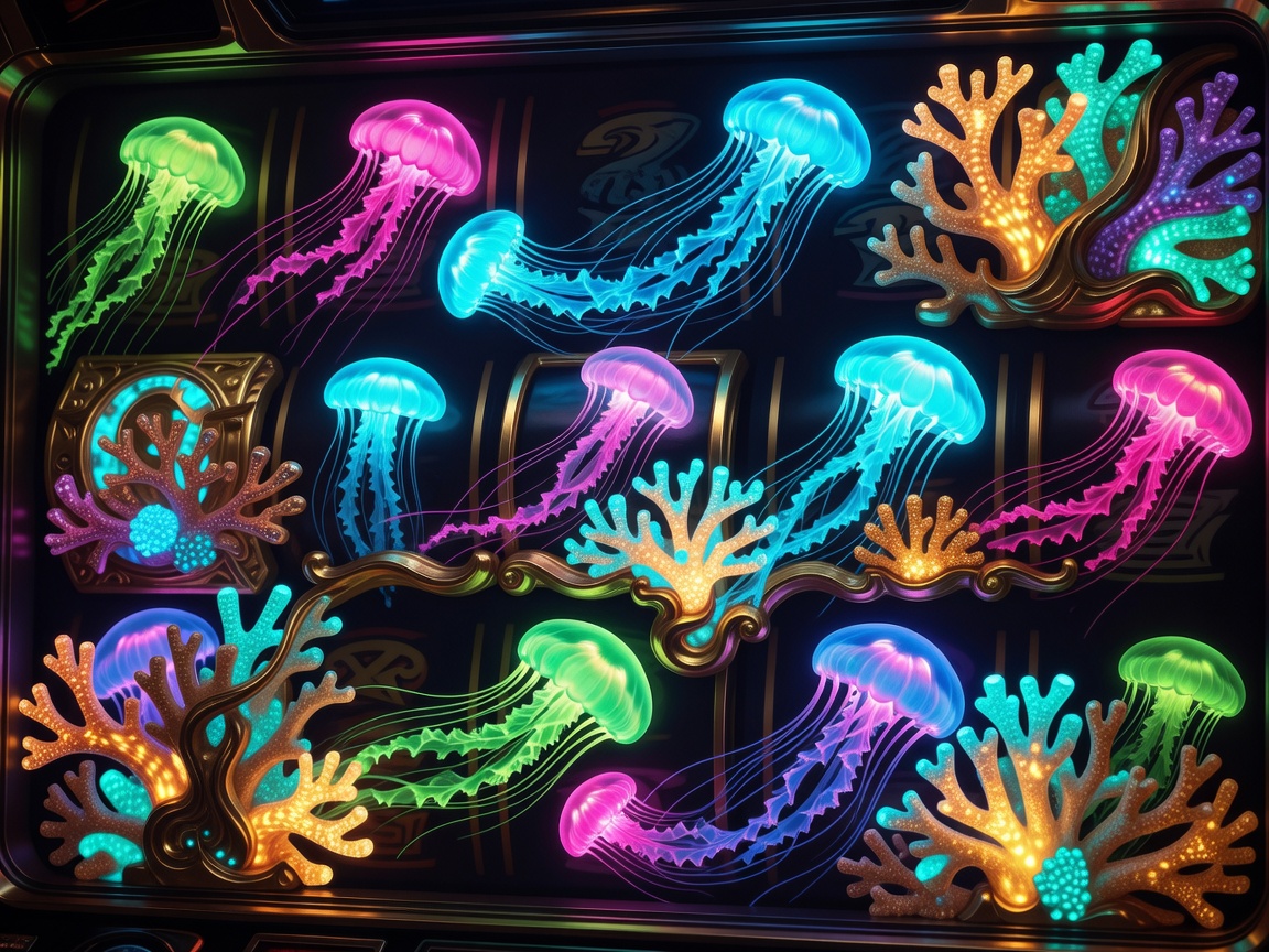 A dazzling digital board full of fluorescent neon jellyfish and glowing brass coral slot reels