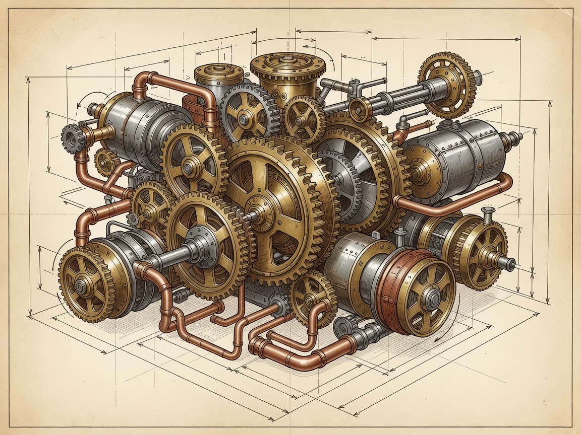 Complex engineering draft of a multi-reel steampunk submarine slot engine featuring detailed measurements and cog rotations