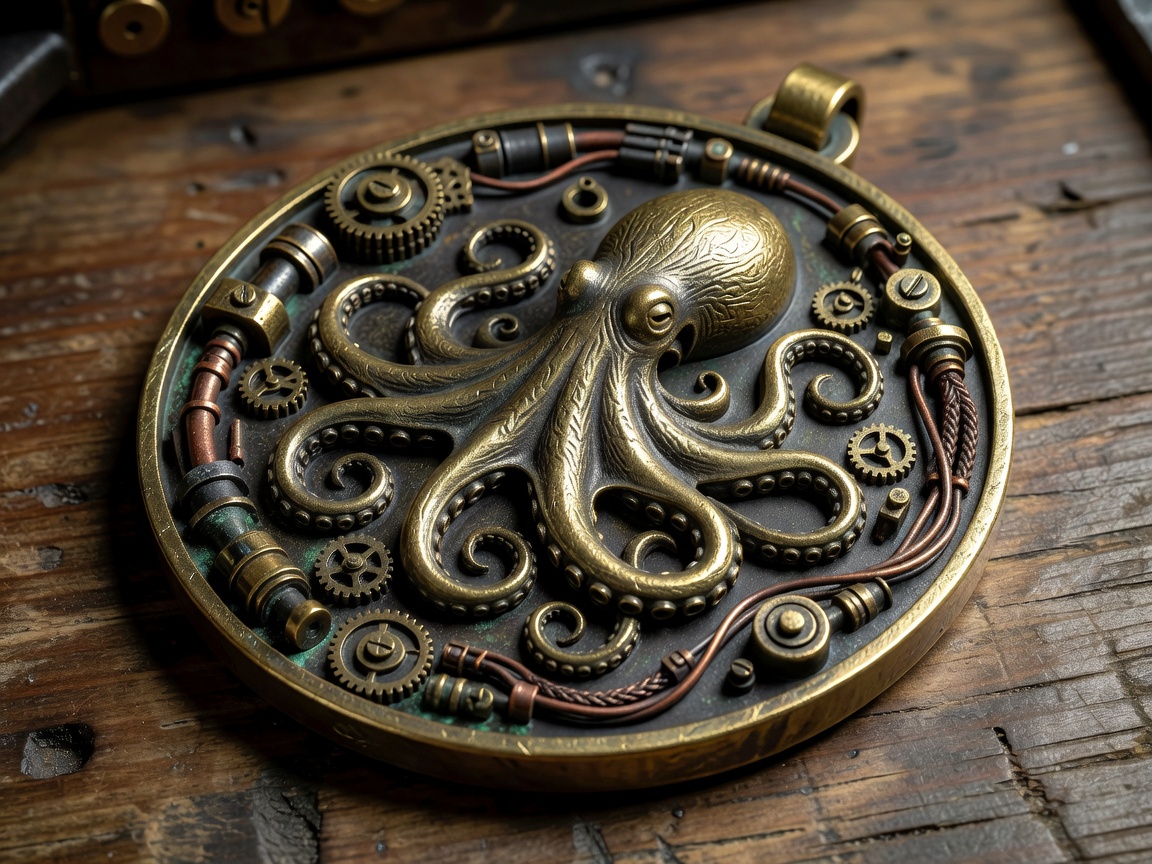 A close-up shot of heavy metal steampunk medal displaying an engraved deep sea octopus