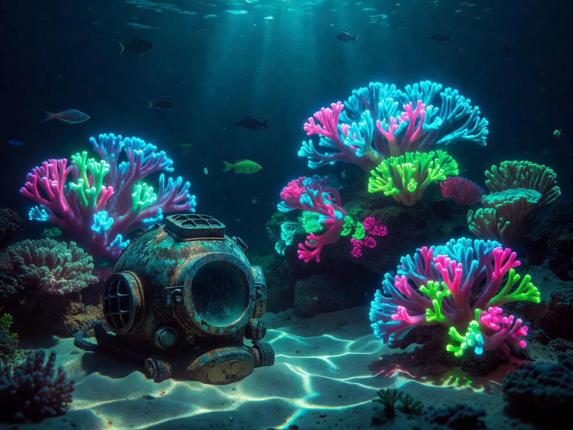 Richly colored subaquatic landscape displaying glowing neon corals, fish shadows, and vintage iron scuba helmet sitting on seabed sand