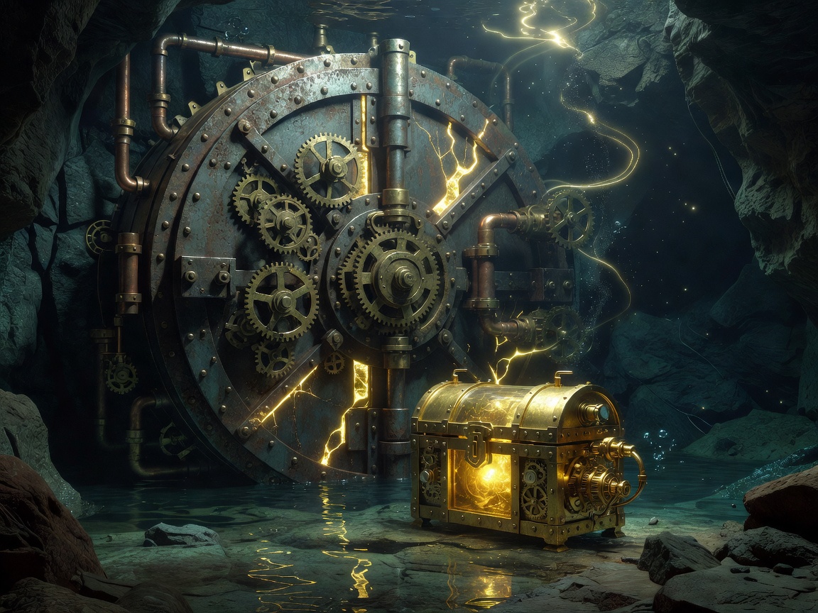 A heavy steampunk treasure vault door partially submerged in deep water with glowing gold lights emanating from inside