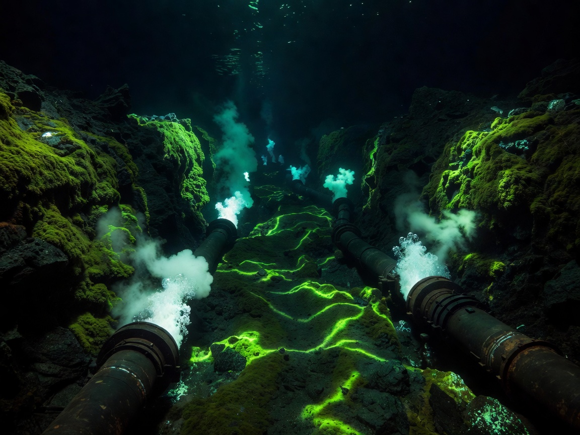 A long marine trench path illuminated by bioluminescent green algae and high-pressure steam pipes