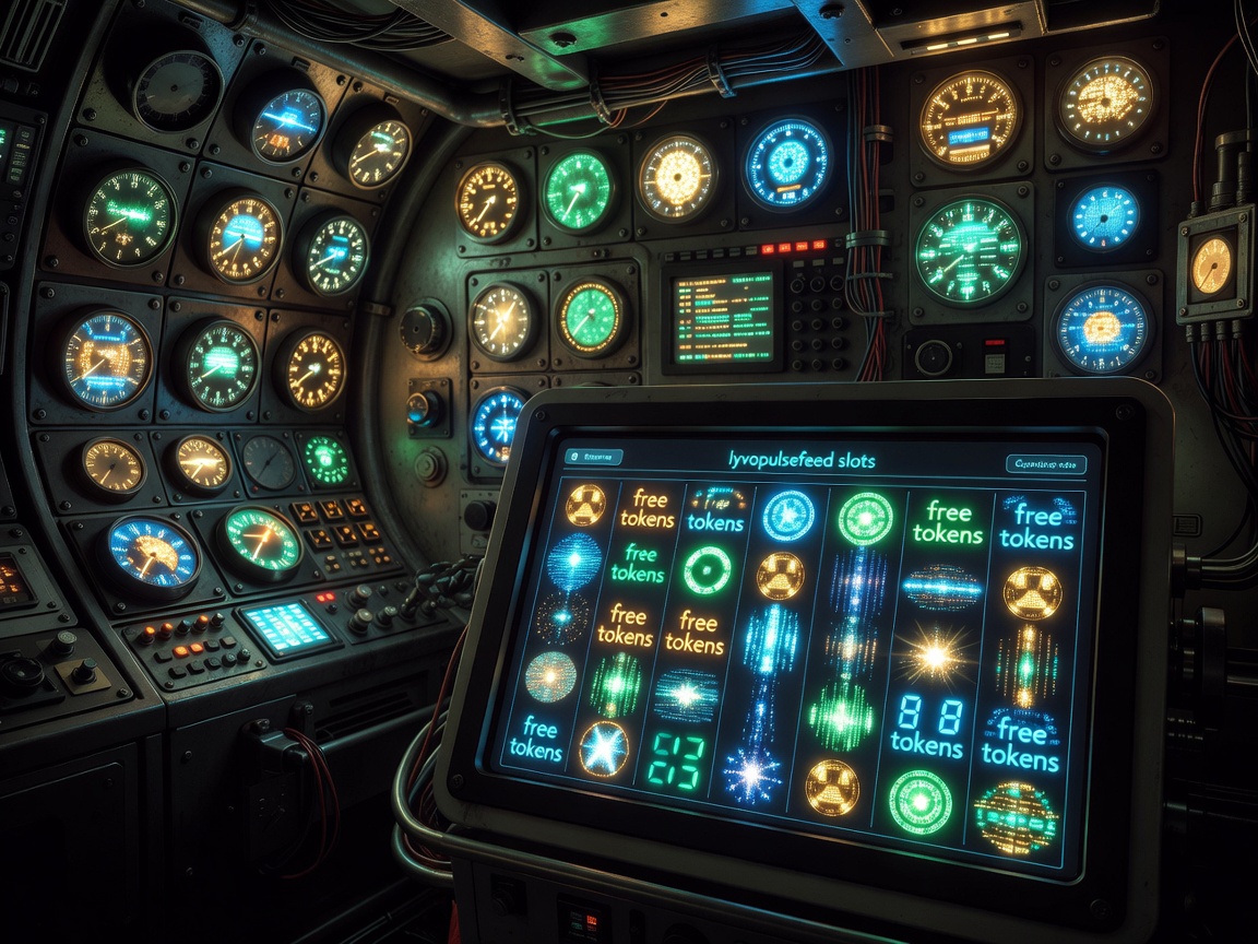 Submarine control room view showcasing flashing glowing dials and digital slots rendering free tokens
