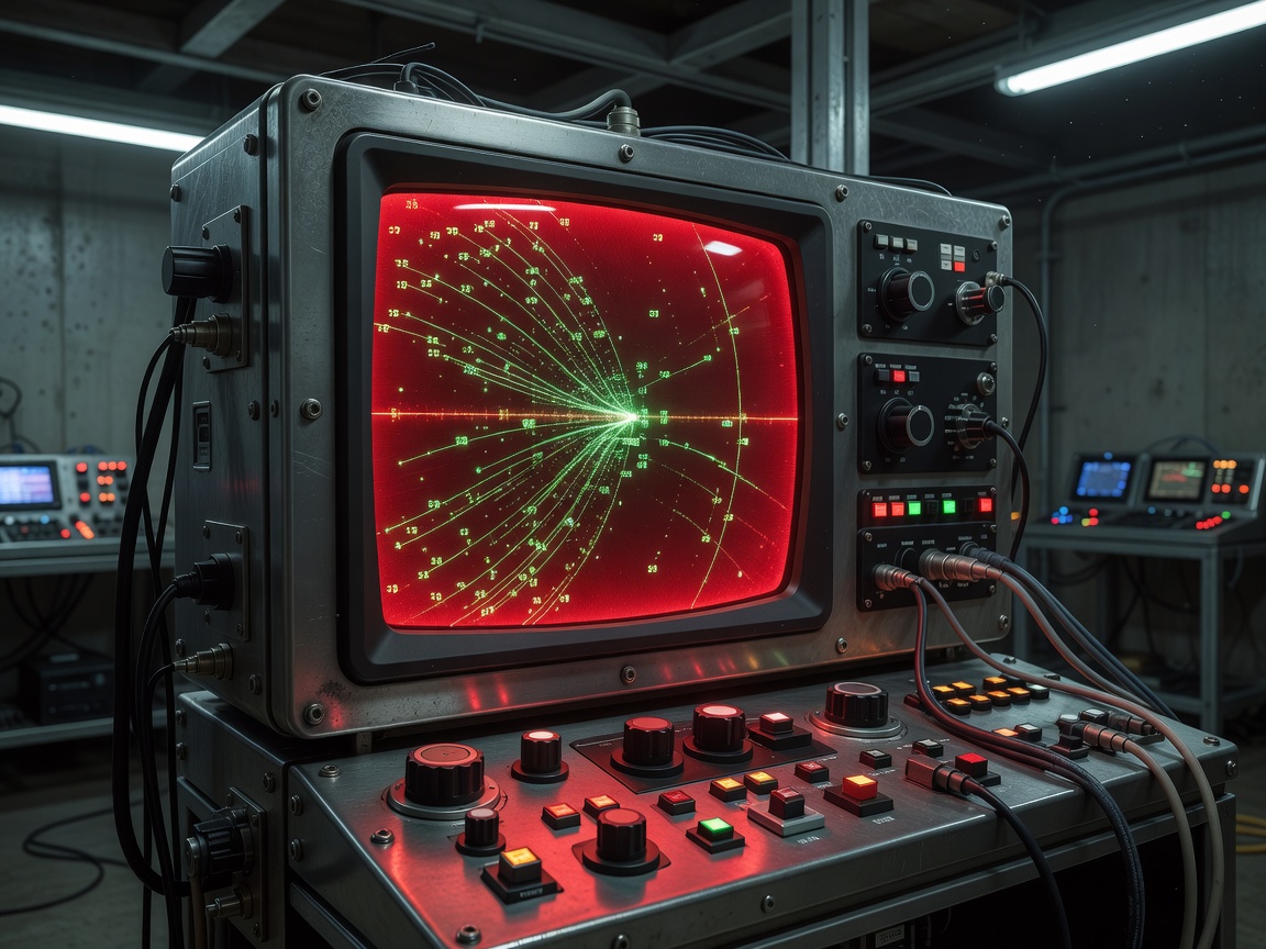 A heavy-duty glowing red subsea sonar telemetry panel demonstrating radar lines and depth coordinates inside the Helsinki laboratory
