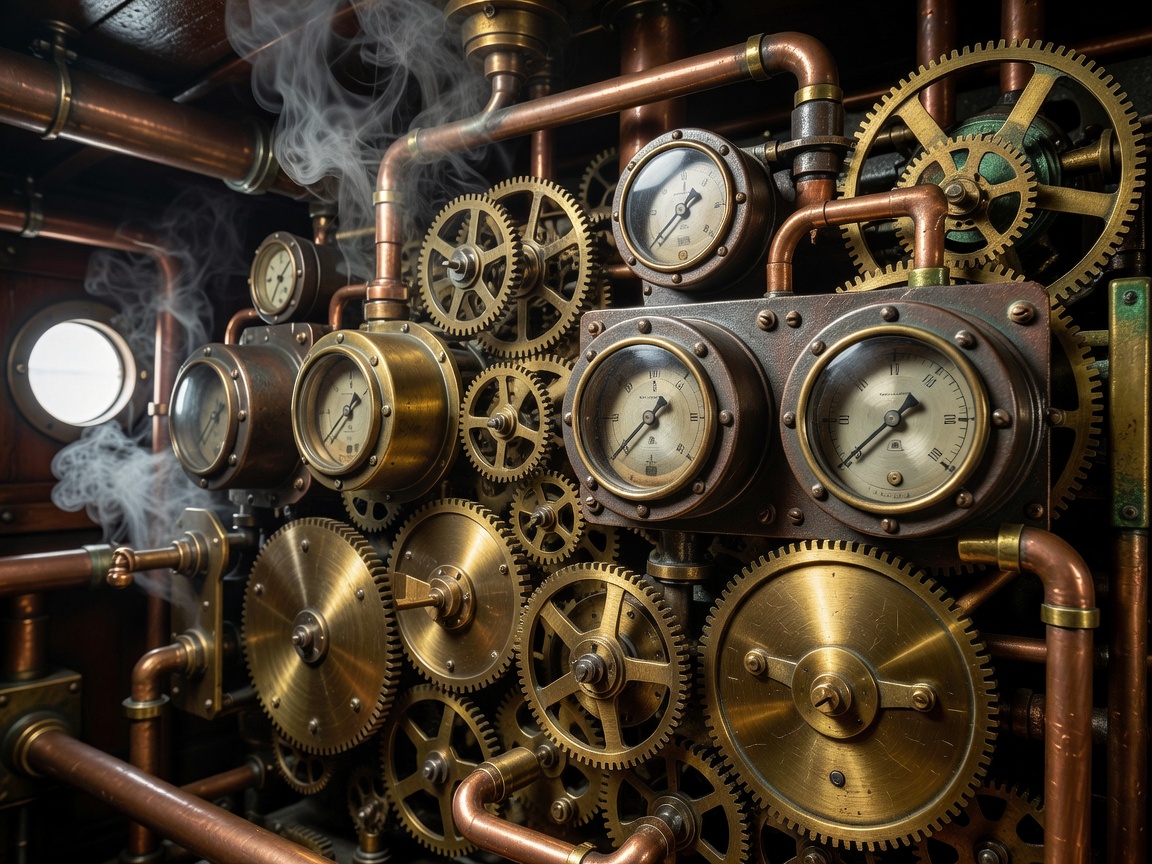 Beautifully complicated close-up shot of clockwork brass mechanisms and iron steam gauges inside an explorer boat