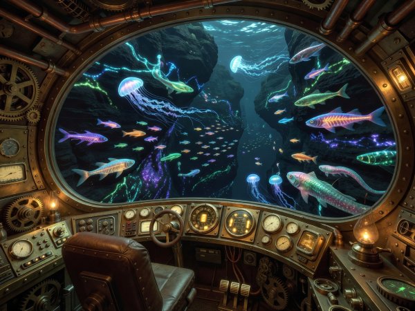 A retro-futuristic steampunk submarine cockpit navigating bioluminescent marine trenches filled with neon aquatic creatures
