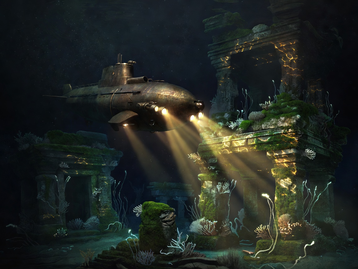 Atmospheric illustration of a deep sea bronze submarine with golden searchlights focusing on sunken marine temples