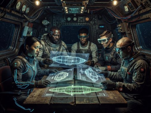 A collective of futuristic deep-sea explorers and mechanical architects holding architectural submarine drafts around a wooden table inside an iron vessel cockpit